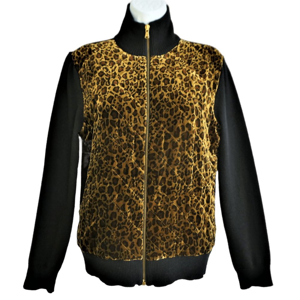 Ralph Lauren Bomber Jacket VeLVeT Quilted Animal Cheetah Zip Front Mock Neck L